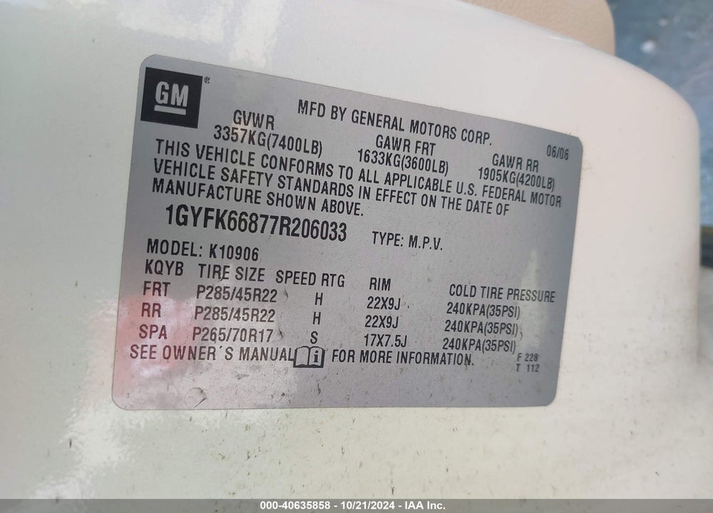 2007 CADILLAC ESCALADE ESV STANDARD VIN: 1GYFK66877R206033