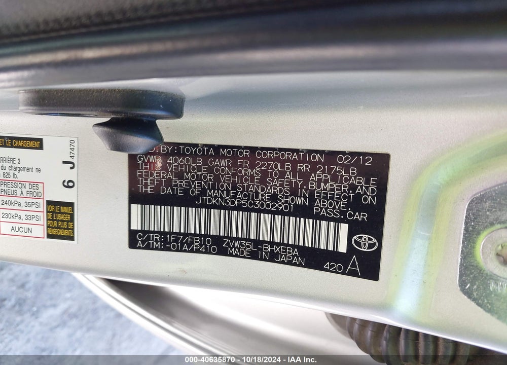 2012 TOYOTA PRIUS PLUG-IN VIN: JTDKN3DP5C3002901