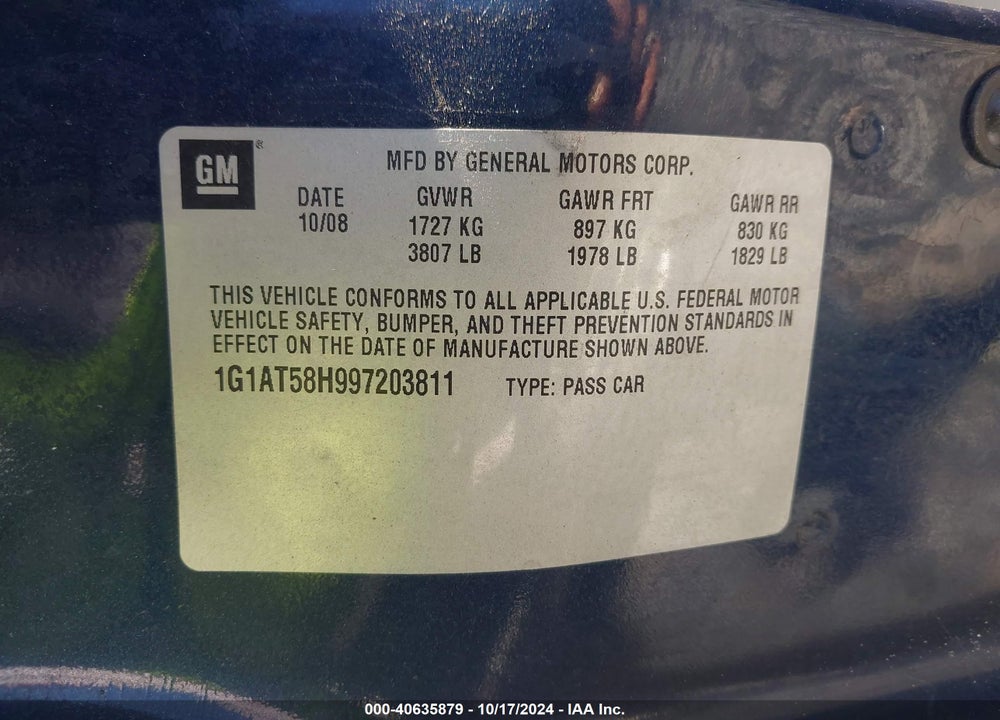 2009 CHEVROLET COBALT LT VIN: 1G1AT58H997203811