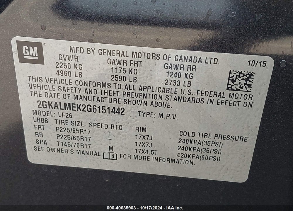 2016 GMC TERRAIN SLE-1 VIN: 2GKALMEK2G6151442