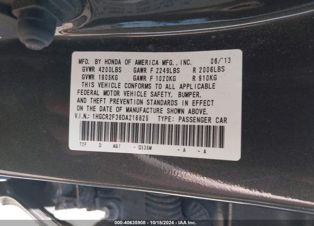 2013 HONDA ACCORD LX VIN: 1HGCR2F36DA216825