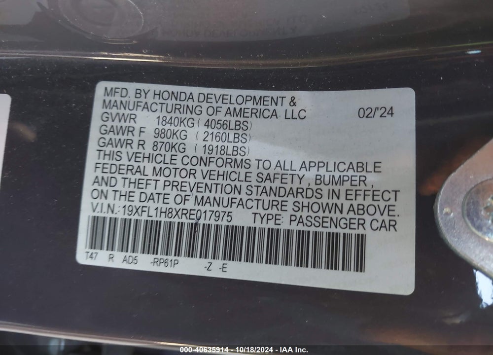 2024 HONDA CIVIC VIN: 19XFL1H8XRE017975