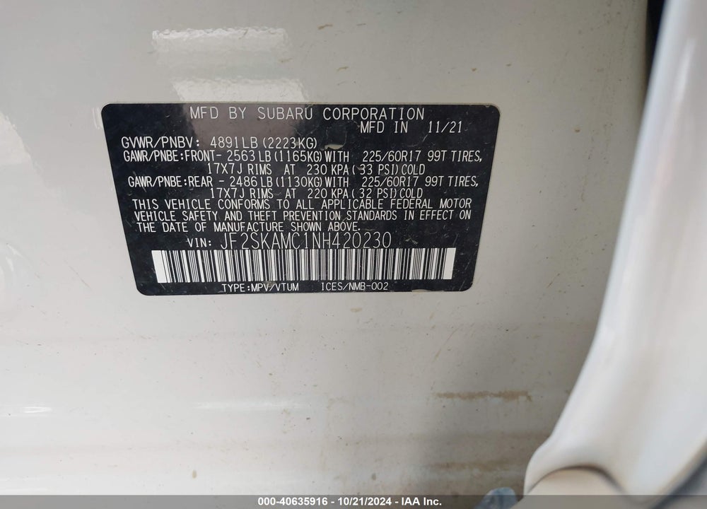 2022 SUBARU FORESTER VIN: JF2SKAMC1NH420230