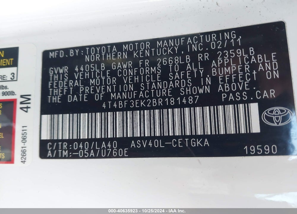 2011 TOYOTA CAMRY XLE VIN: 4T4BF3EK2BR181487