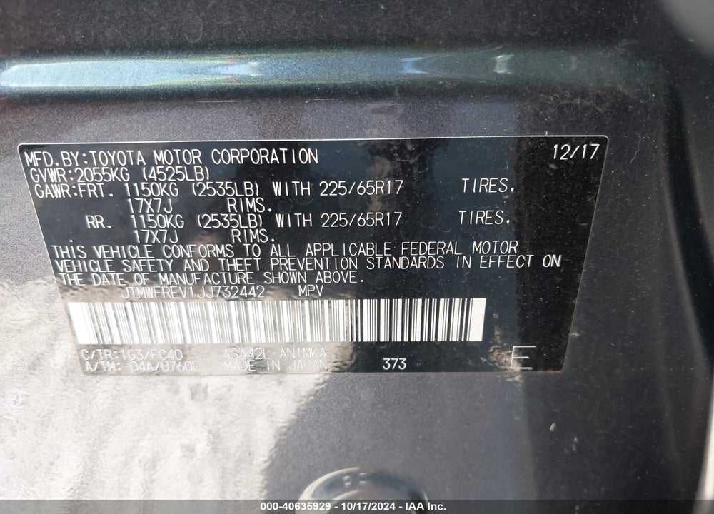 2018 TOYOTA RAV4 ADVENTURE/XLE VIN: JTMWFREV1JJ732442