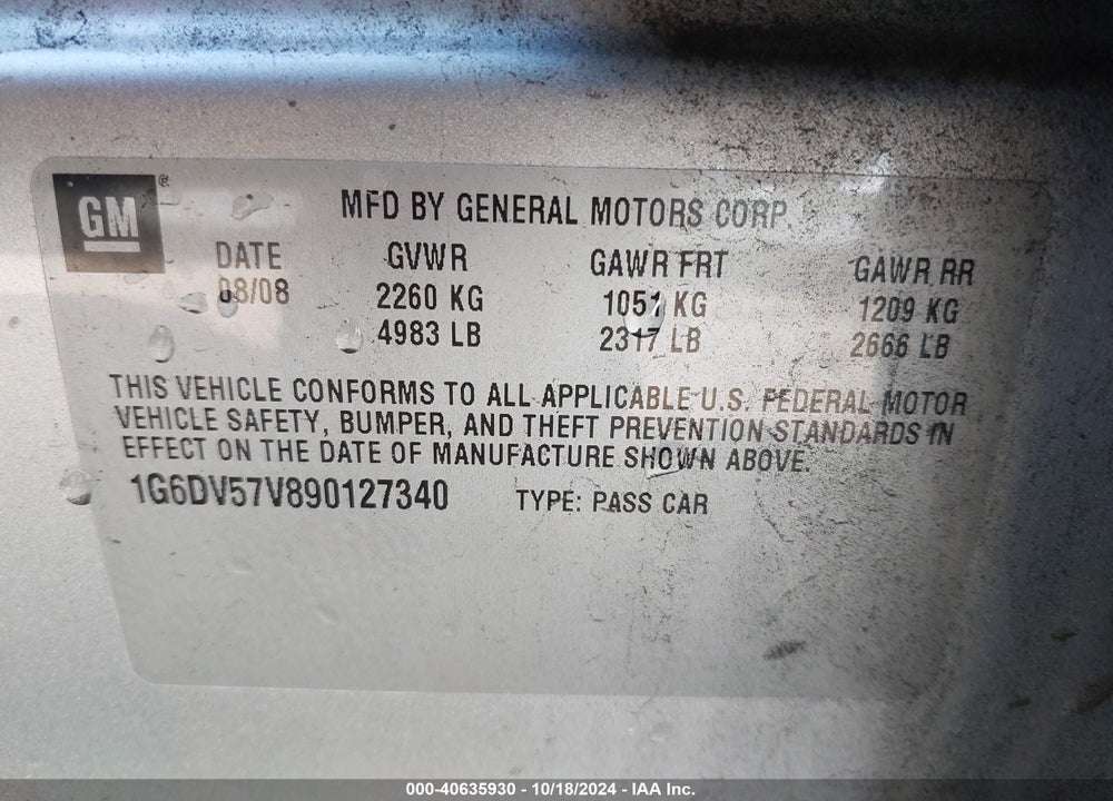 2009 CADILLAC CTS STANDARD VIN: 1G6DV57V890127340