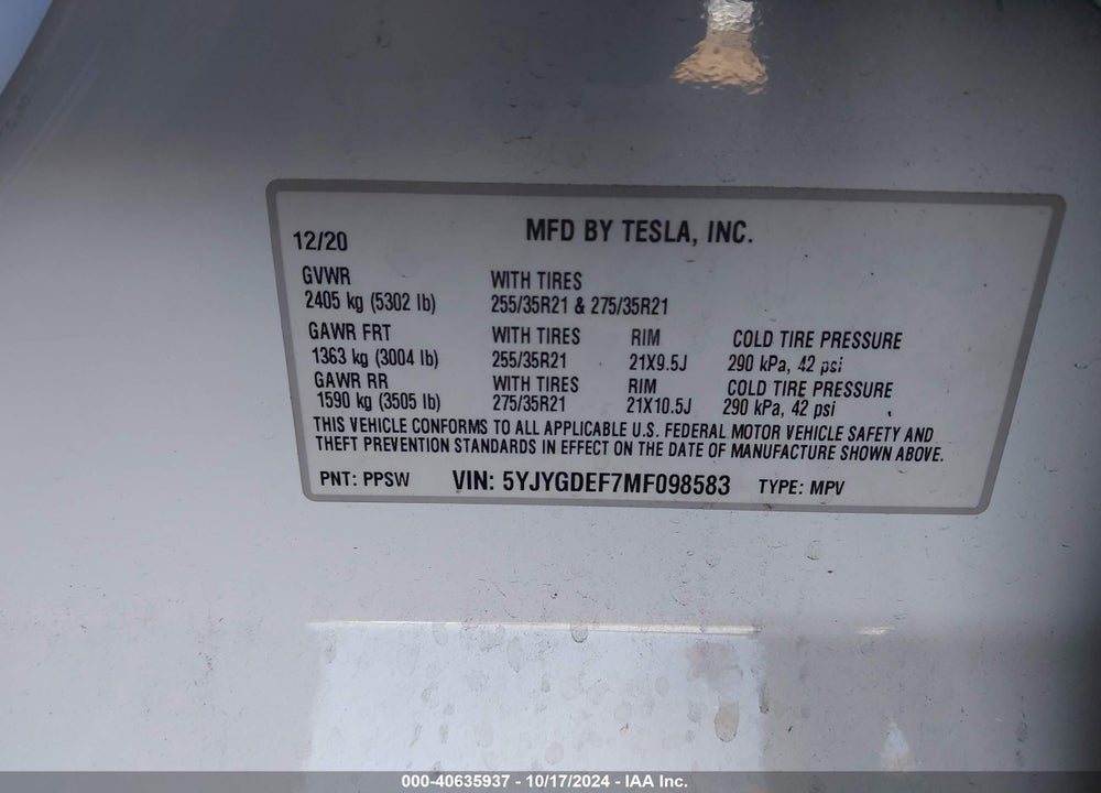 2021 TESLA MODEL Y PERFORMANCE DUAL MOTOR ALL-WHEEL DRIVE VIN: 5YJYGDEF7MF098583