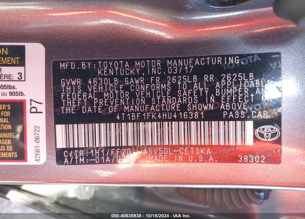 2017 TOYOTA CAMRY SE VIN: 4T1BF1FK4HU416381