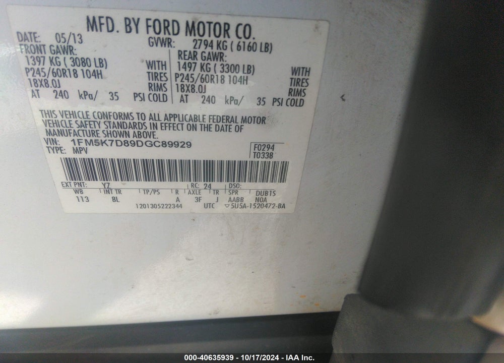 2013 FORD EXPLORER XLT VIN: 1FM5K7D89DGC89929