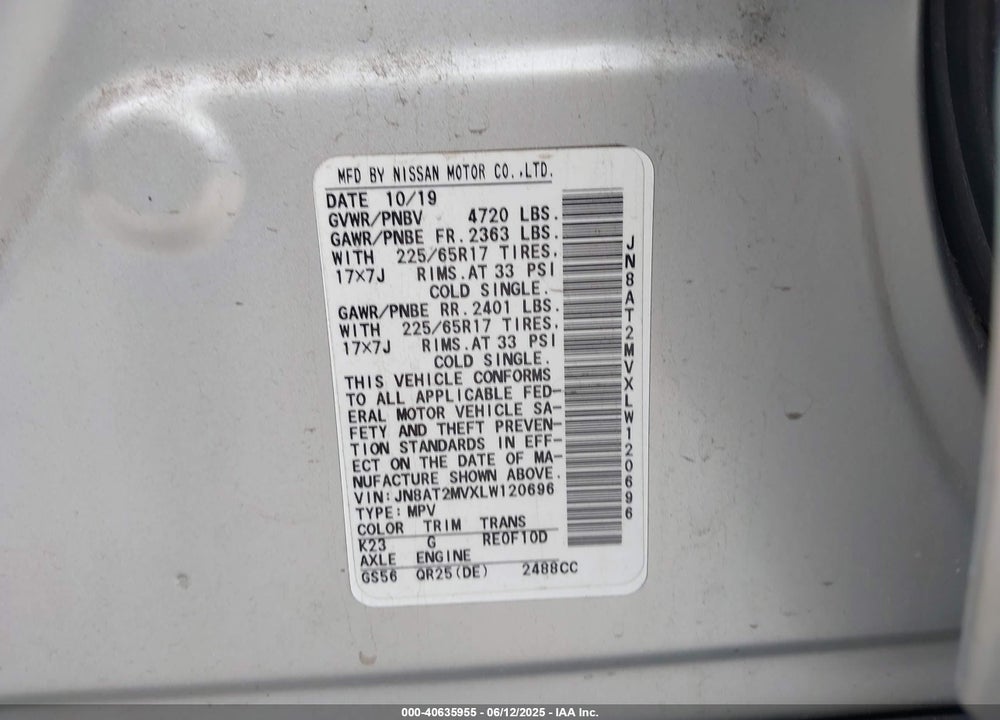 2020 NISSAN ROGUE SV INTELLIGENT AWD VIN: JN8AT2MVXLW120696