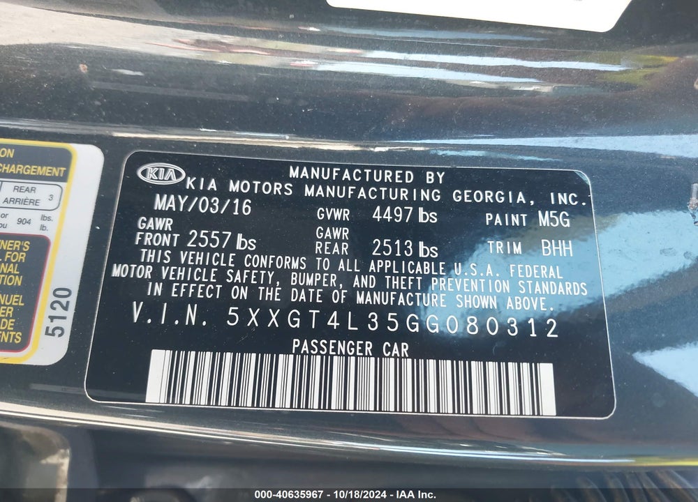 2016 KIA OPTIMA VIN: 5XXGT4L35GG080312