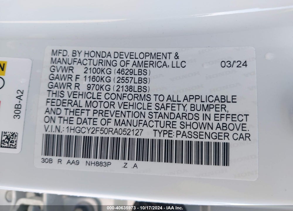 2024 HONDA ACCORD HYBRID SPORT VIN: 1HGCY2F50RA052127
