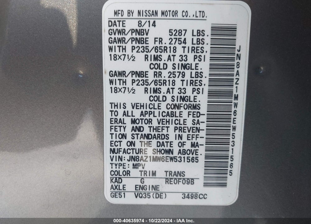 2014 NISSAN MURANO SL VIN: JN8AZ1MW6EW531565