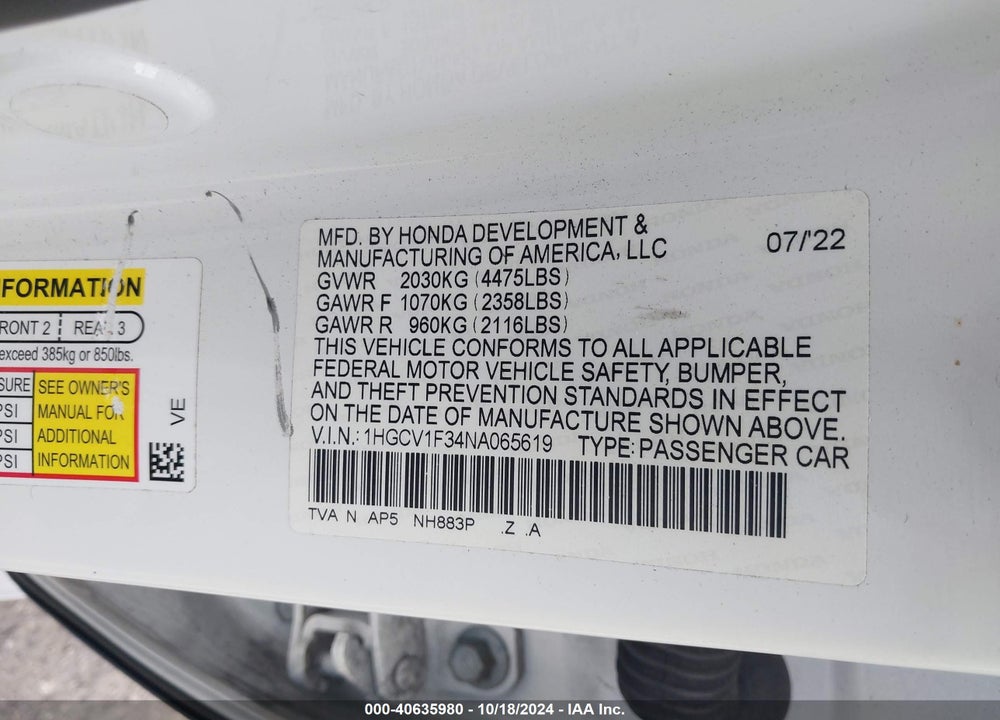2022 HONDA ACCORD SPORT VIN: 1HGCV1F34NA065619