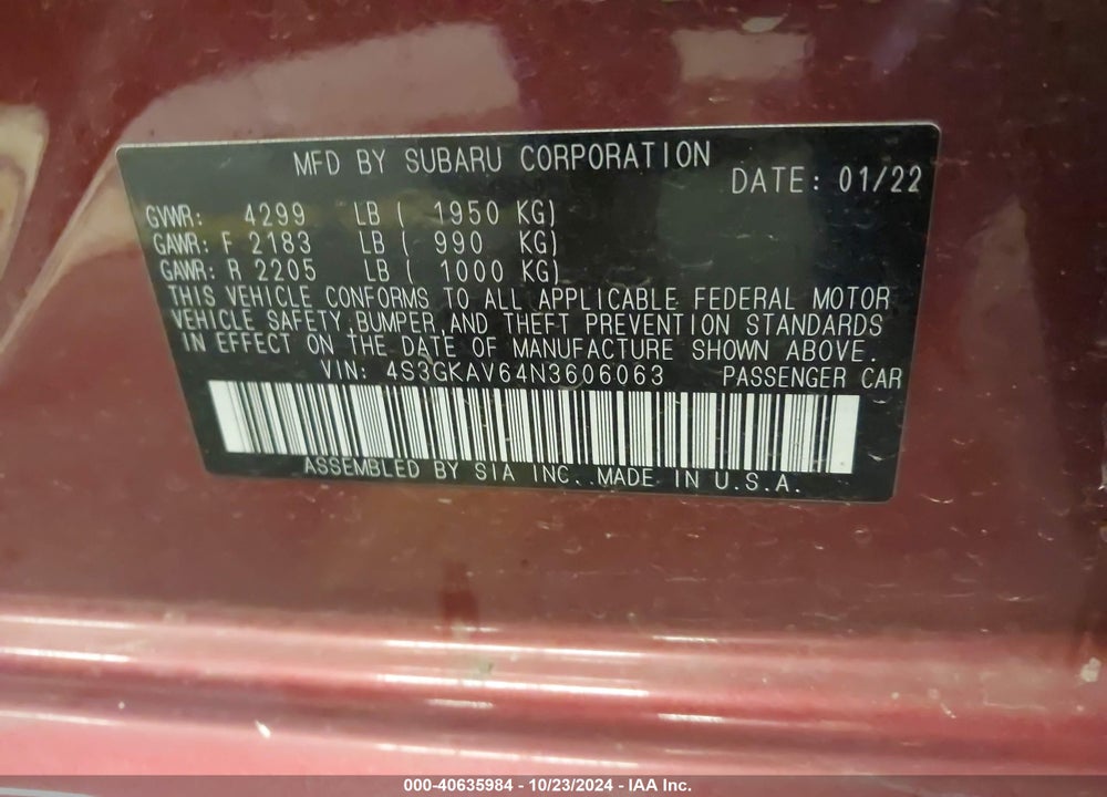 2022 SUBARU IMPREZA PREMIUM VIN: 4S3GKAV64N3606063