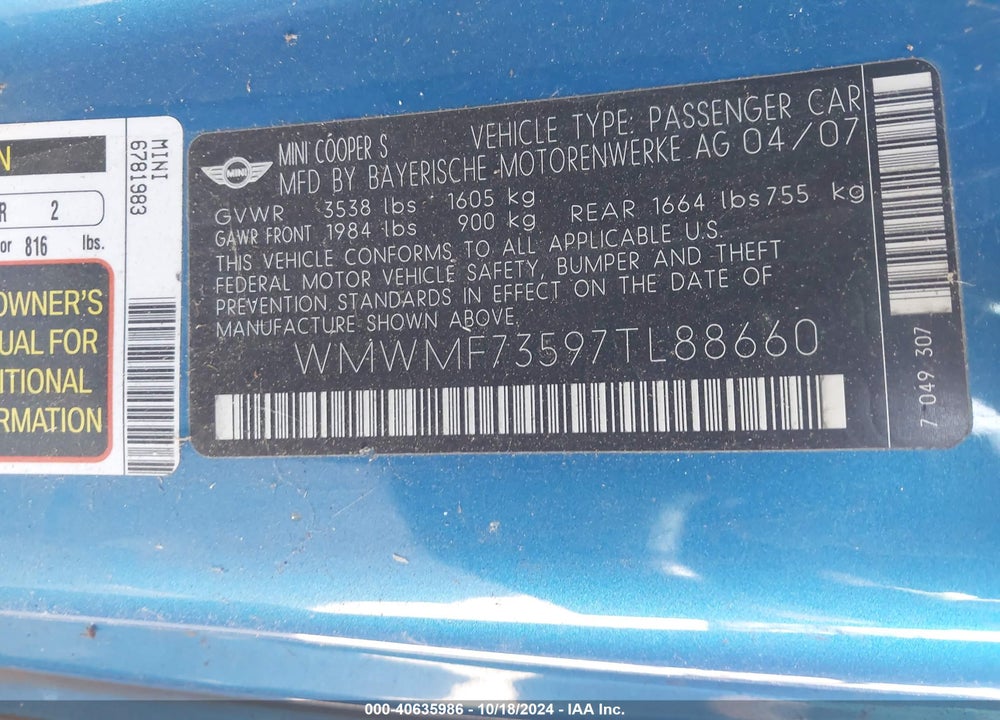 2007 MINI COOPER VIN: WMWMF73597TL88660