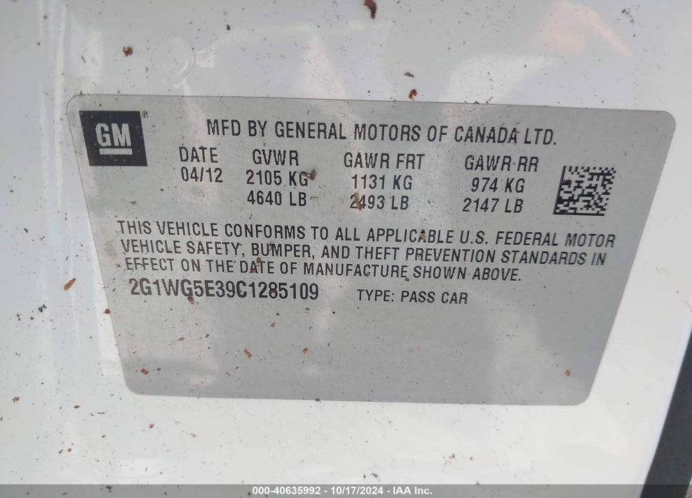 2012 CHEVROLET IMPALA LT VIN: 2G1WG5E39C1285109