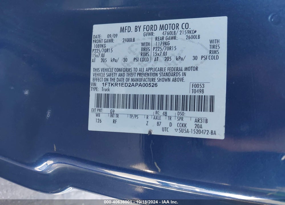 2010 FORD RANGER XL/XLT VIN: 1FTKR1ED2APA00526