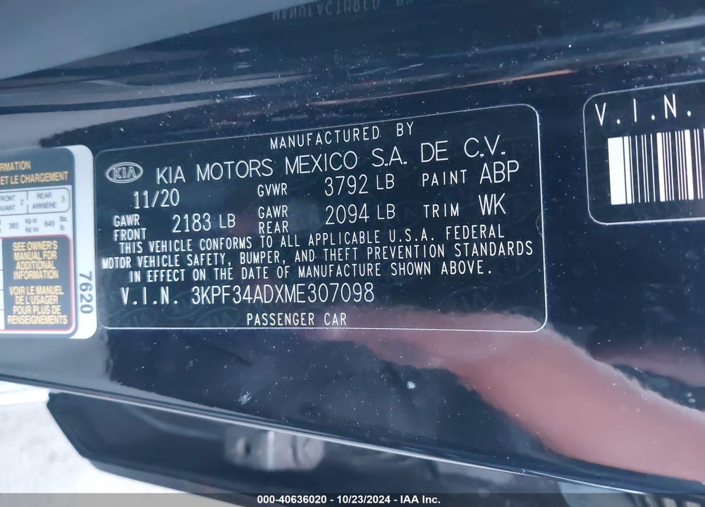 2021 KIA FORTE GT LINE VIN: 3KPF34ADXME307098