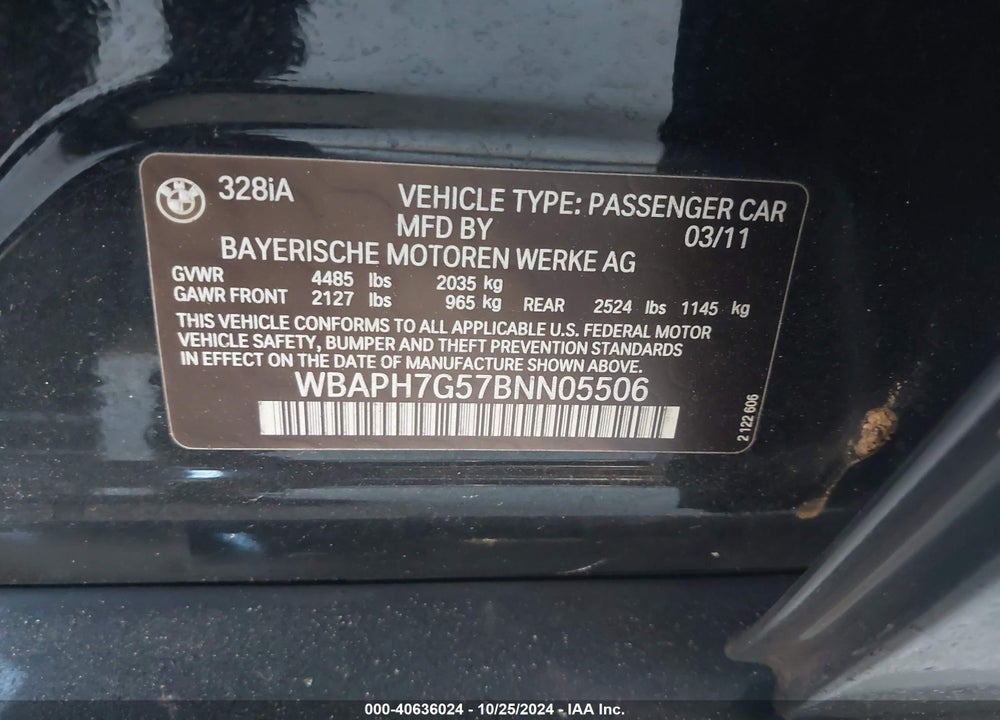 2011 BMW 328I VIN: WBAPH7G57BNN05506