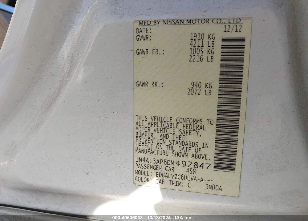 2013 NISSAN ALTIMA 2.5 SL VIN: 1N4AL3AP6DN492847