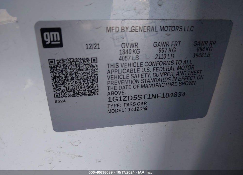 2022 CHEVROLET MALIBU VIN: 1G1ZD5ST1NF104834