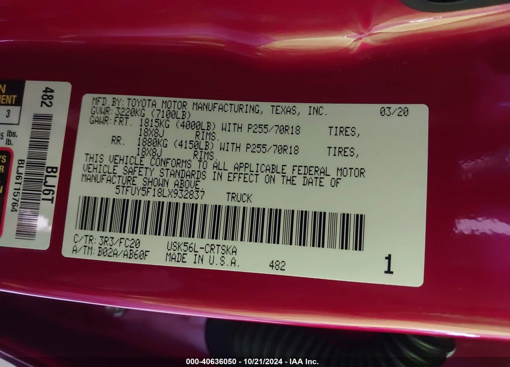 2020 TOYOTA TUNDRA SR5 VIN: 5TFUY5F18LX932837
