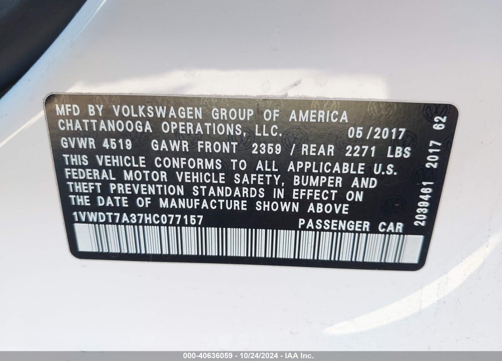 2017 VOLKSWAGEN PASSAT 1.8T R-LINE VIN: 1VWDT7A37HC077157