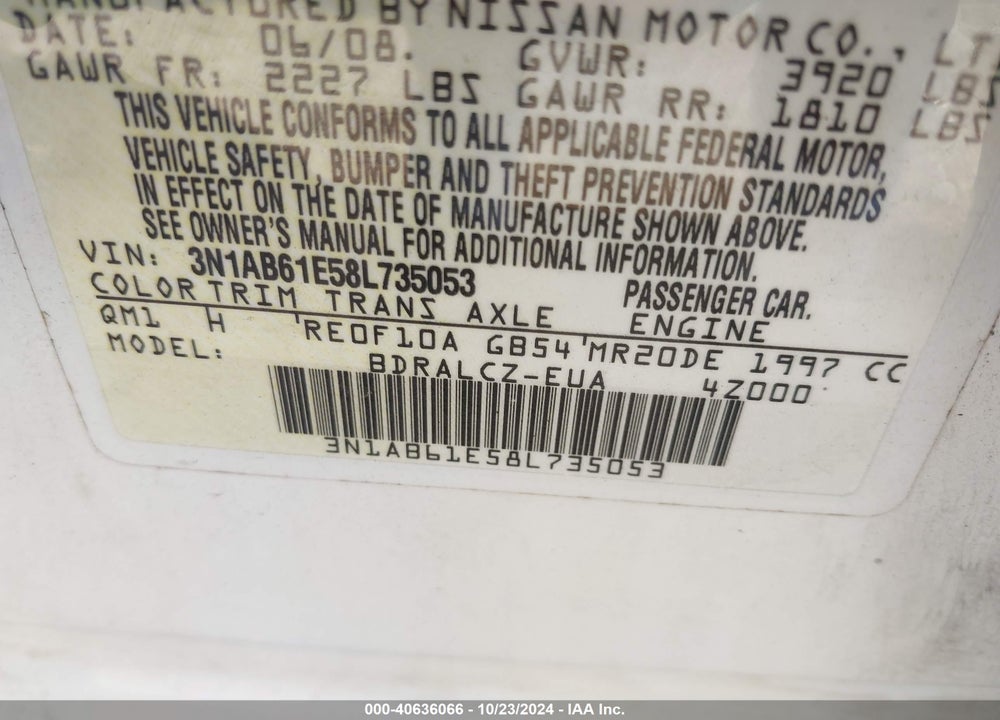 2008 NISSAN SENTRA 2.0 VIN: 3N1AB61E58L735053