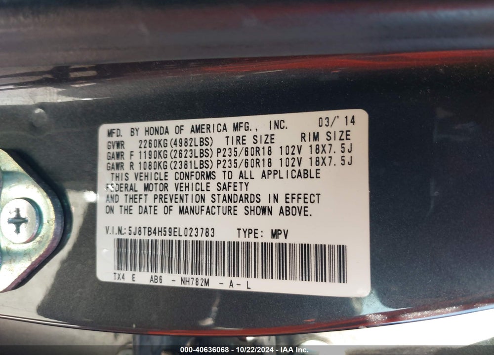 2014 ACURA RDX VIN: 5J8TB4H59EL023783