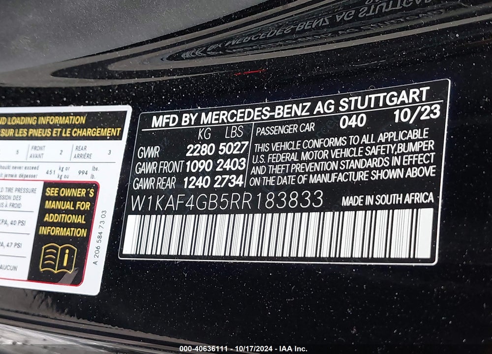 2024 MERCEDES-BENZ C 300 VIN: W1KAF4GB5RR183833