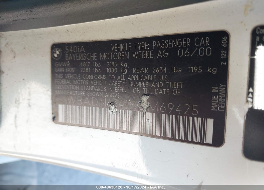 2000 BMW 540IA VIN: WBADN6341YGM69425