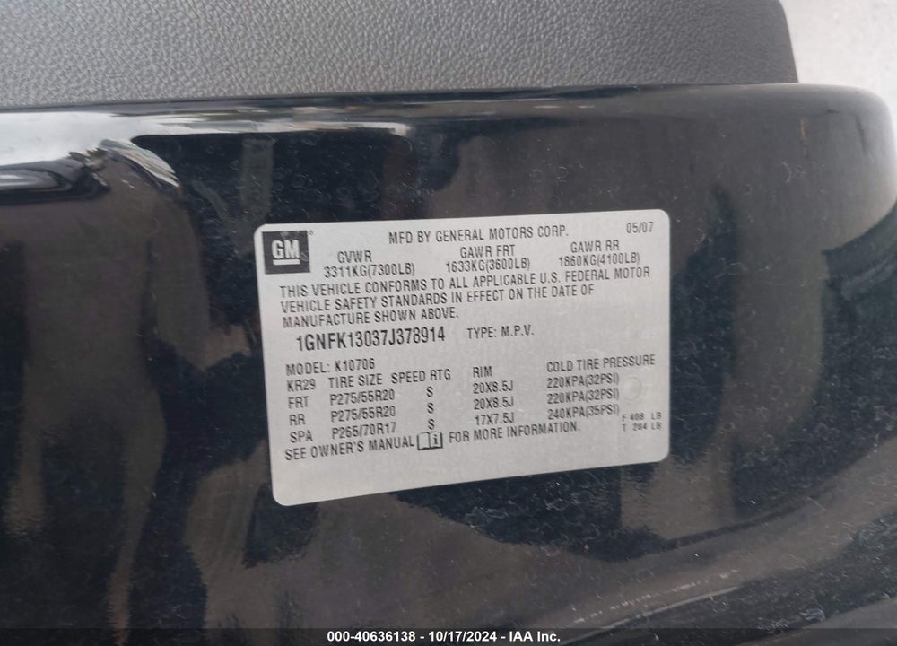 2007 CHEVROLET TAHOE LT VIN: 1GNFK13037J378914