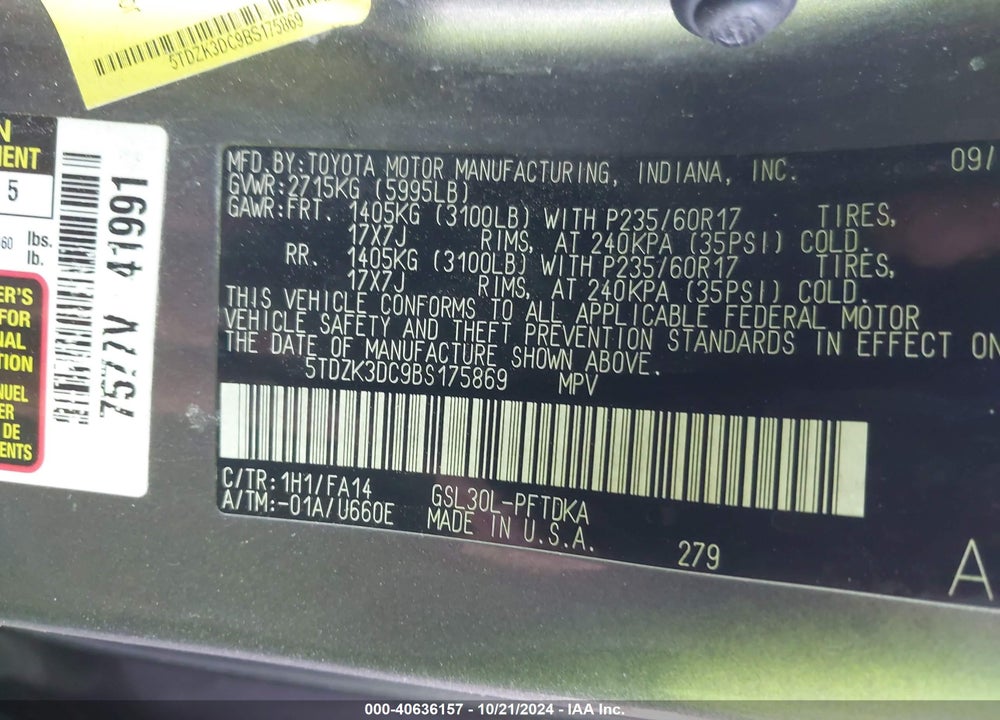 2011 TOYOTA SIENNA BASE V6 VIN: 5TDZK3DC9BS175869