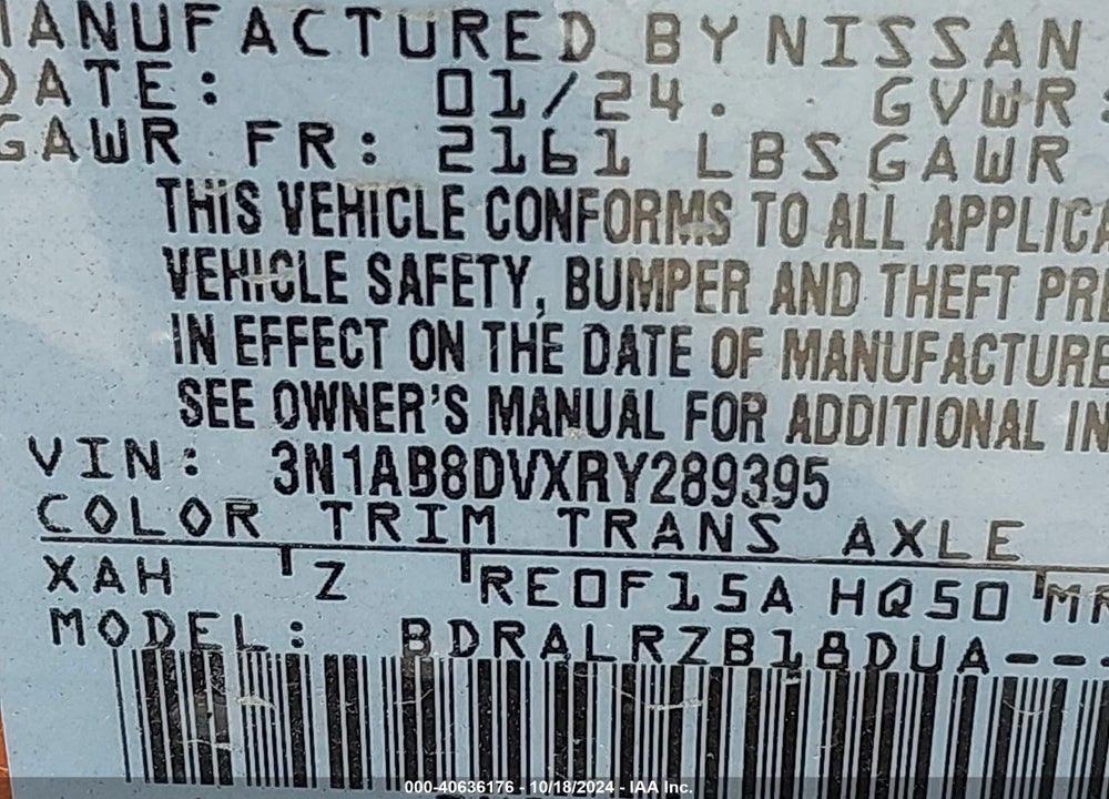 2024 NISSAN SENTRA SR XTRONIC CVT VIN: 3N1AB8DVXRY289395