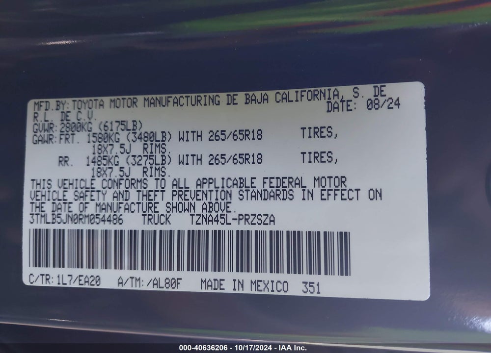 2024 TOYOTA TACOMA DOUBLE CAB/SR5/TRD SPORT/TRD OFF ROAD/LTD VIN: 3TMLB5JN0RM054486