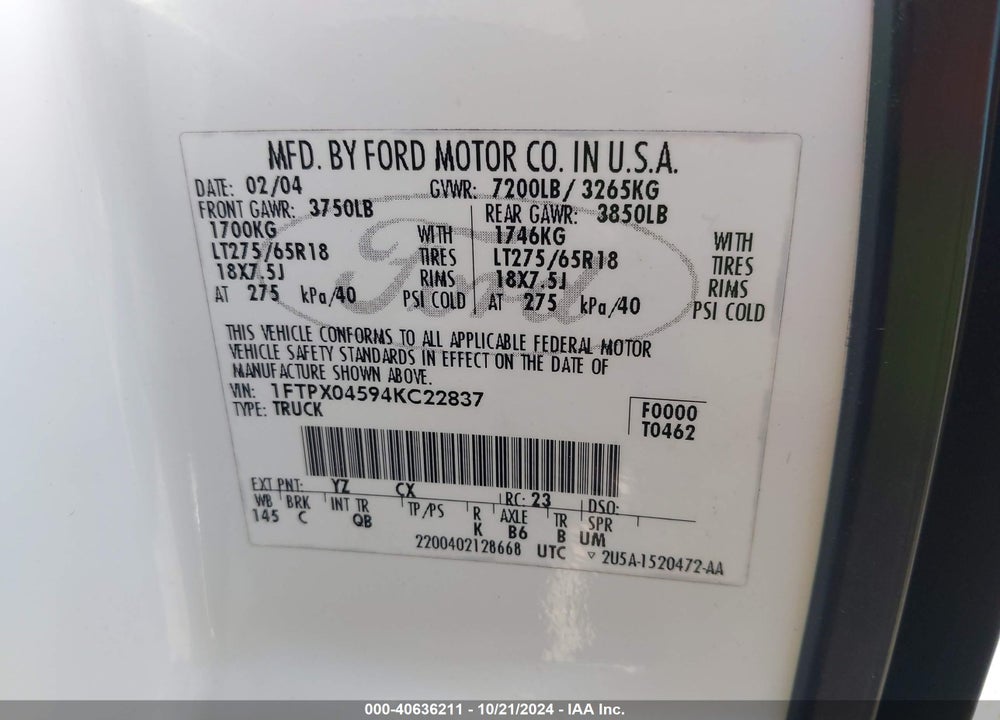 2004 FORD F-150 FX4/XLT VIN: 1FTPX04594KC22837