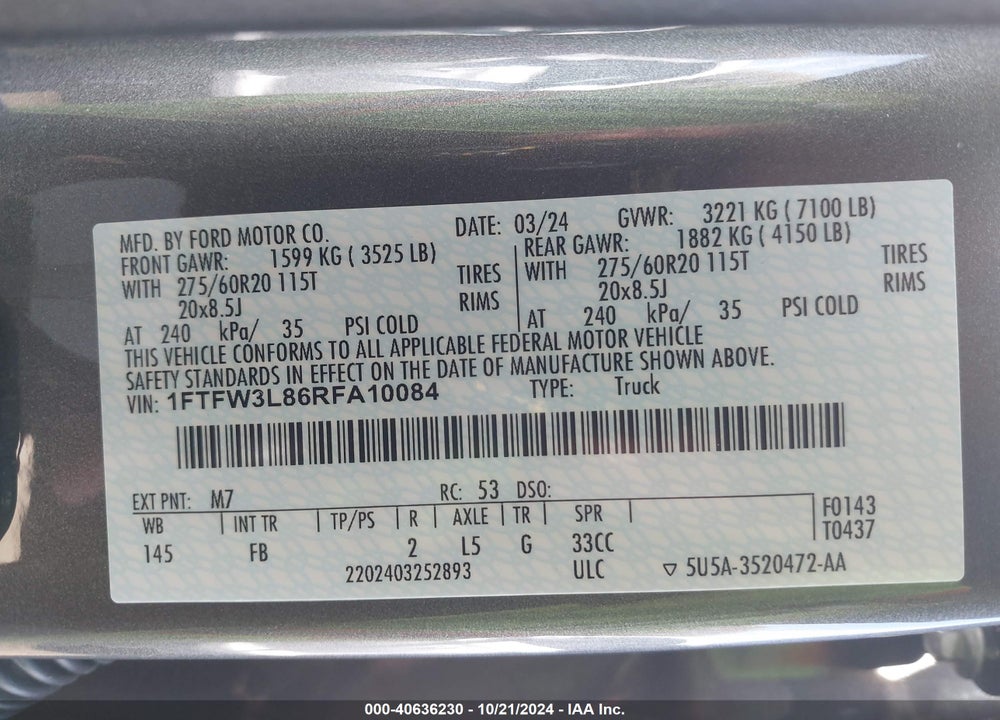 2024 FORD F-150 XLT VIN: 1FTFW3L86RFA10084