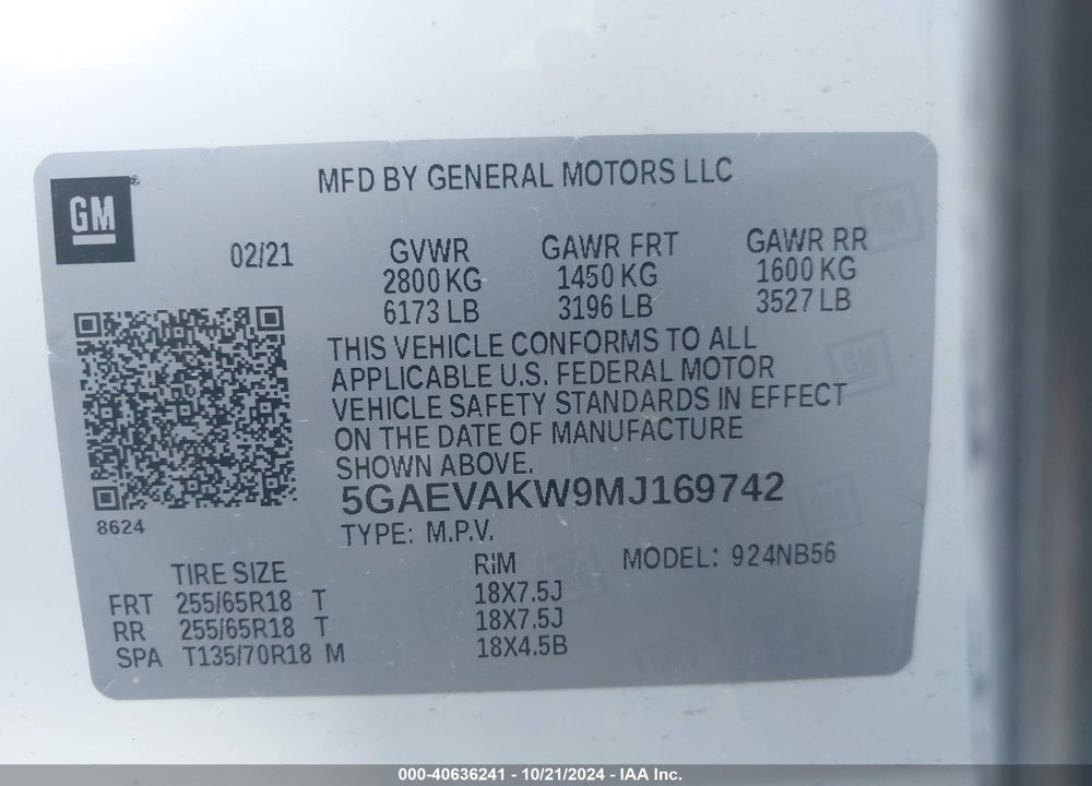 2021 BUICK ENCLAVE AWD ESSENCE VIN: 5GAEVAKW9MJ169742