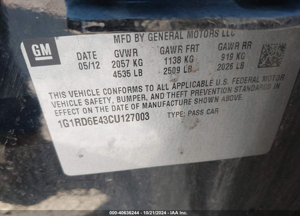 2012 CHEVROLET VOLT VIN: 1G1RD6E43CU127003