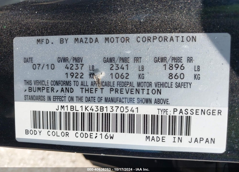 2011 MAZDA SPEED3 SPORT VIN: JM1BL1K43B1370541