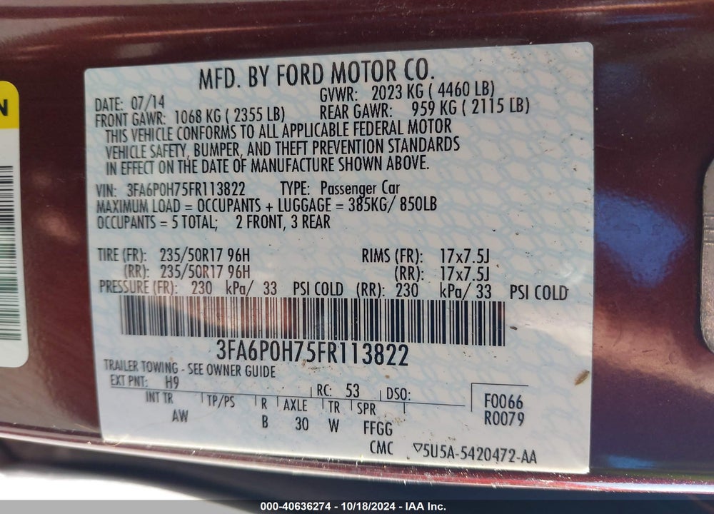2015 FORD FUSION SE VIN: 3FA6P0H75FR113822