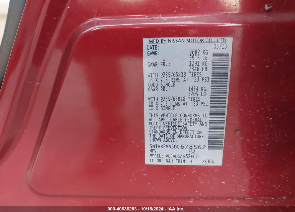 2013 NISSAN PATHFINDER SL VIN: 5N1AR2MN5DC678562