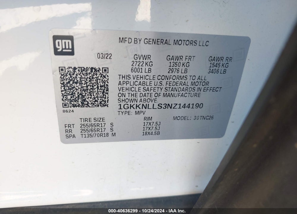 2022 GMC ACADIA AWD AT4 VIN: 1GKKNLLS3NZ144190
