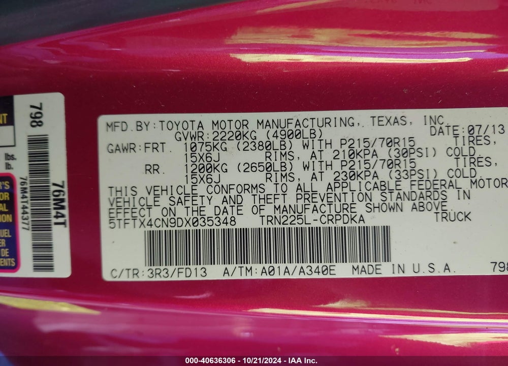 2013 TOYOTA TACOMA ACCESS CAB VIN: 5TFTX4CN9DX035348