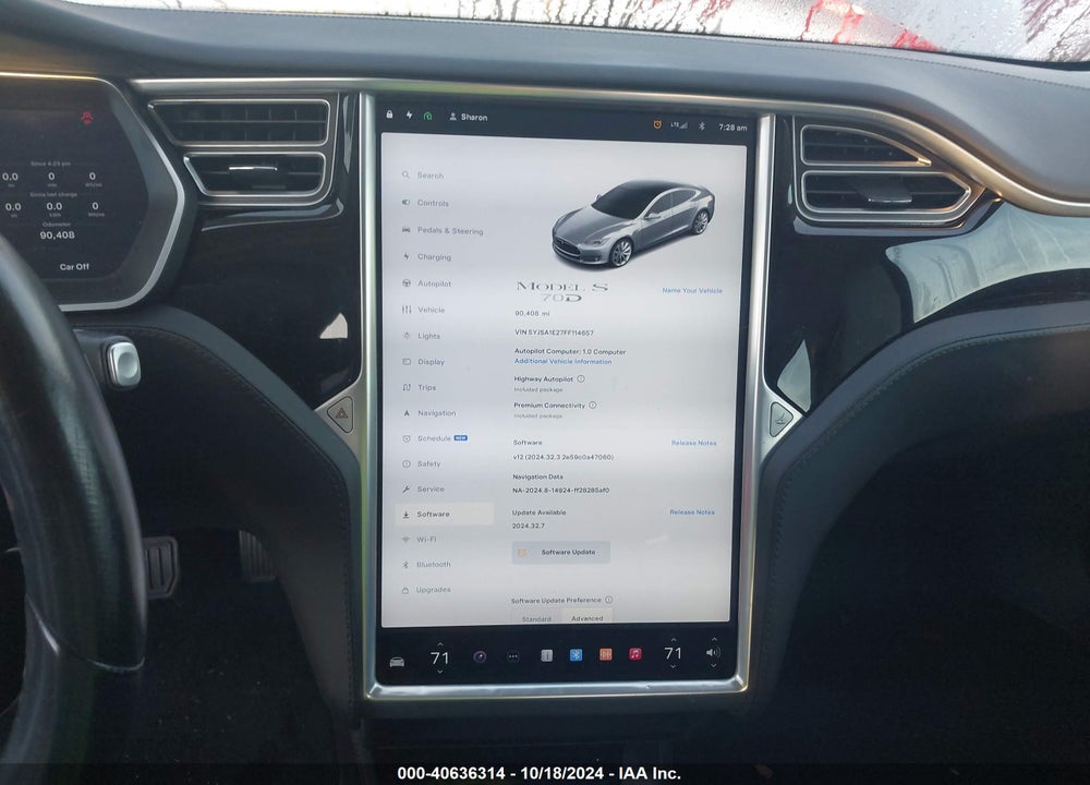 2015 TESLA MODEL S VIN: 5YJSA1E27FF114657