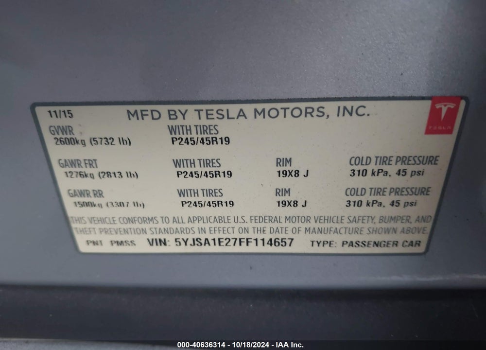 2015 TESLA MODEL S VIN: 5YJSA1E27FF114657