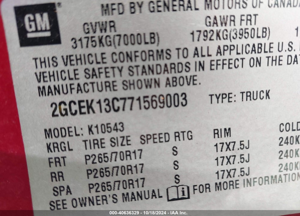 2007 CHEVROLET SILVERADO 1500 LT1 VIN: 2GCEK13C771569003
