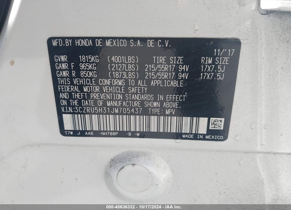 2018 HONDA HR-V LX VIN: 3CZRU5H31JM705437
