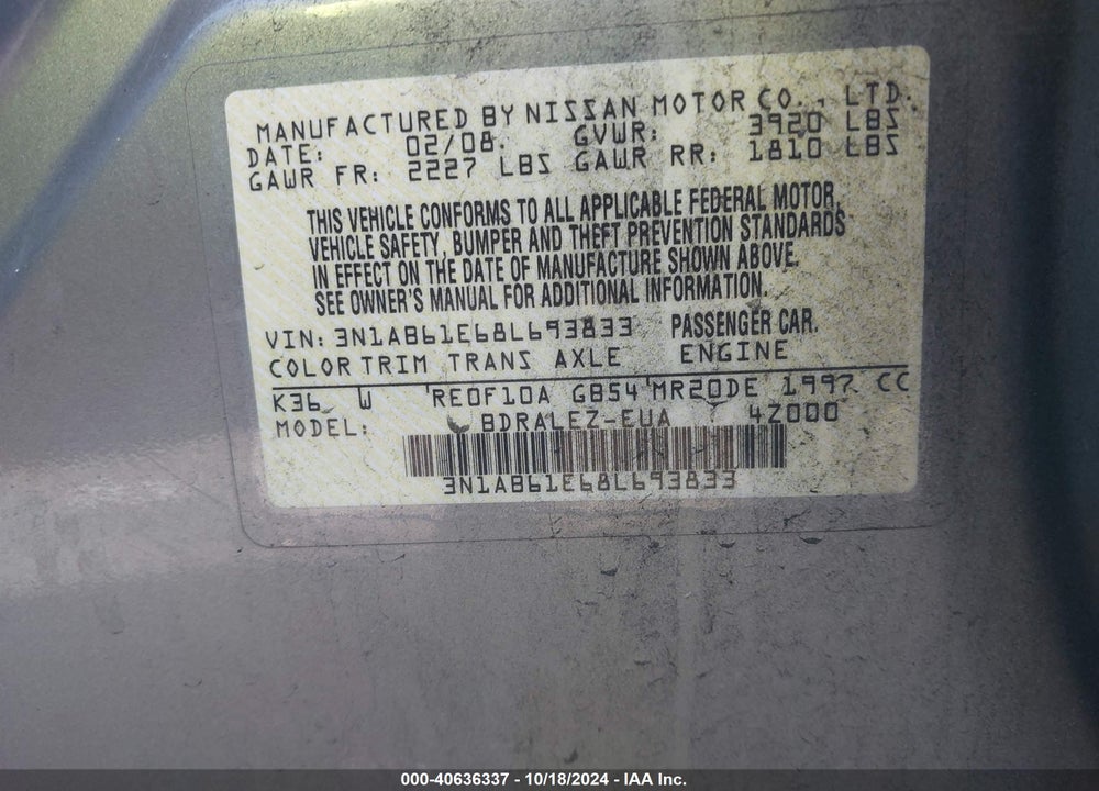 2008 NISSAN SENTRA 2.0S VIN: 3N1AB61E68L693833